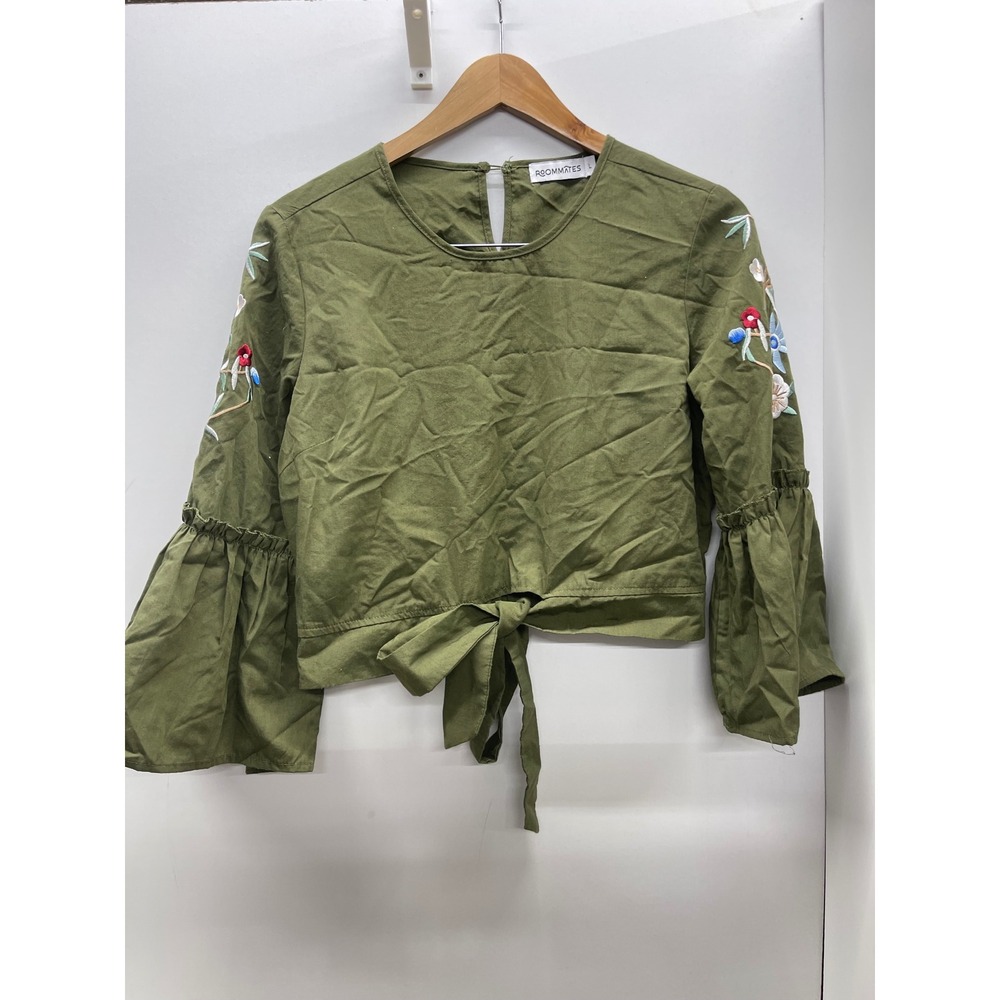 Roommates Olive Green Floral Embroidered Tie Front Bell Sleeve Crop Top Large